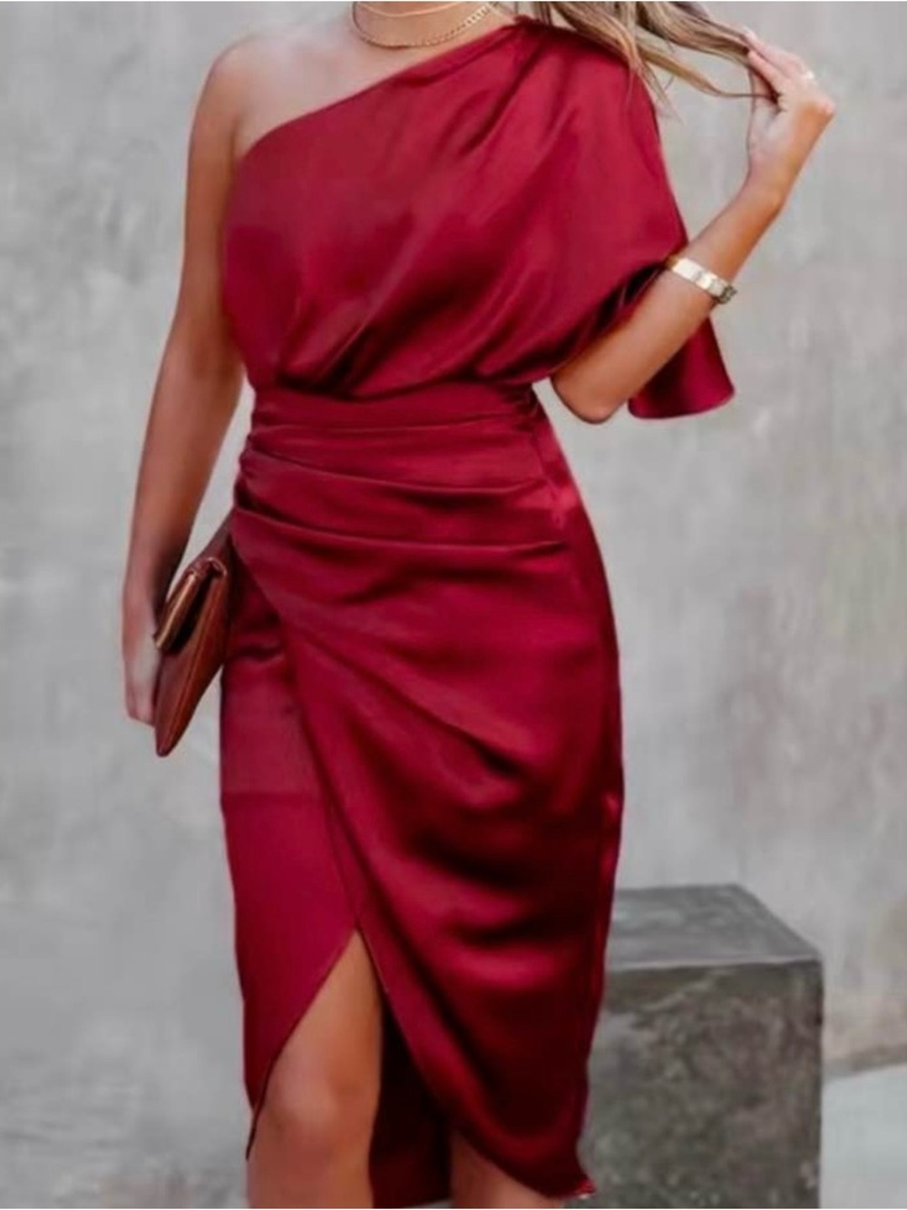 One-Shoulder Satin Midi Dress in Burgundy
